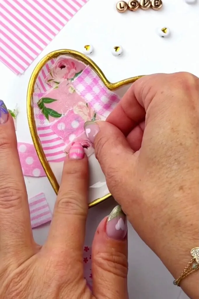 making a trinket dish using fabric scraps and Mod Podge